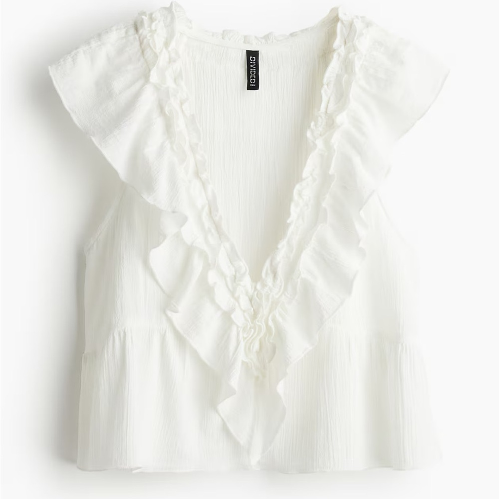 H&M Cream Ruffle-Trim Cotton Top Small